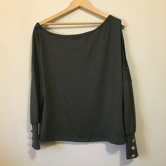 Olive Knit Off Shoulder Cold Sholder Sweater With Heraldry Buttons - Picture 3 of 15